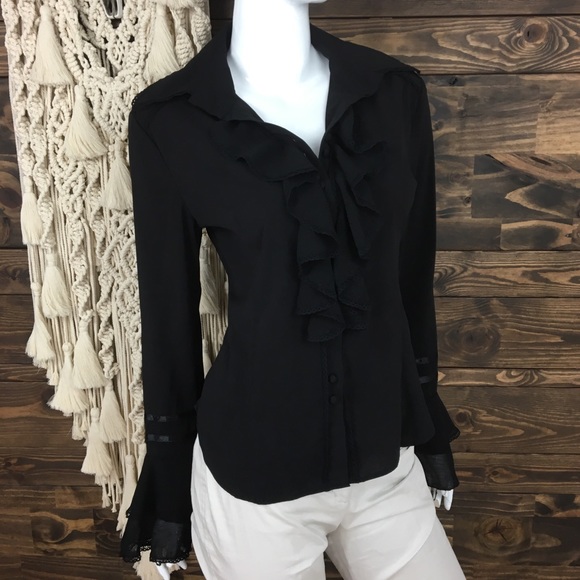 Ninety Tops - Ninety | Ruffle Bell Sleeve Button Down Blouse